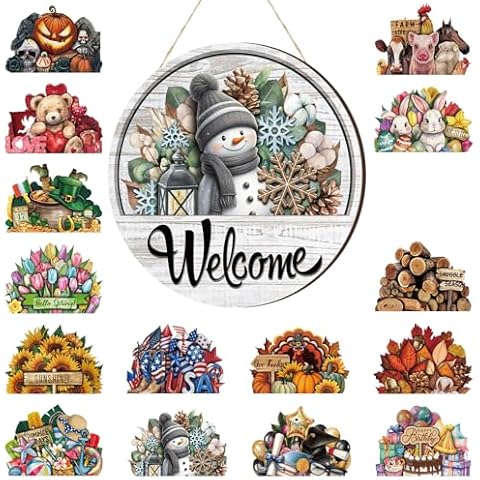 Yousoontic 17 Pcs 12 Inch Magnetic Welcome Door Sign Interchangeable Valentine Front Door Decorations spring Seasonal and Festive Door Signs for Home Round Decor(Classic Color) Cover