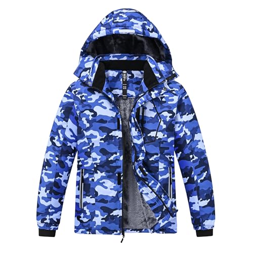 MoFiz Winterjacke Jungen Skijacke Warm Innenfutter Kinder Outdoor Softshelljacken Schneejacke mit Abnehmbare Kapuze X-CD Camouflage Blau, L (DE152-164)