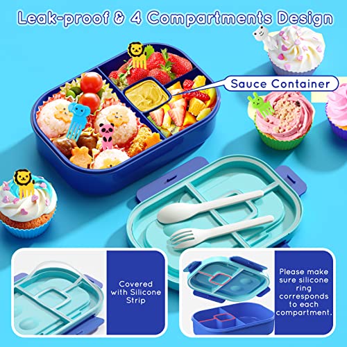 Image of Kids Bento Lunch Box Leakproof Lunch Box with 4 Compartments Lunch Containers with Tableware Kids Bento School Lunch Boxes with Container 44oz, Microwave Dishwasher Freezer Safe (Blue)