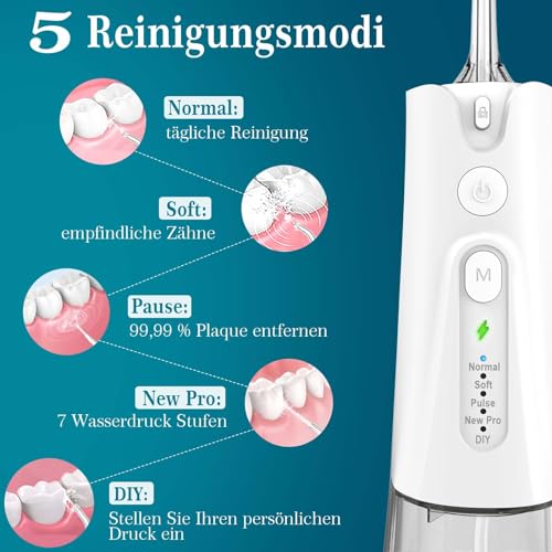 SURFOU Munddusche Kabellos Mundduschen 230ML 5 Modi 7 Düsen, Mundduschen Reise Water Flosser IPX7 Wasserdicht USB-C Wiederaufladbar für Reisen & Hause – Bild 4