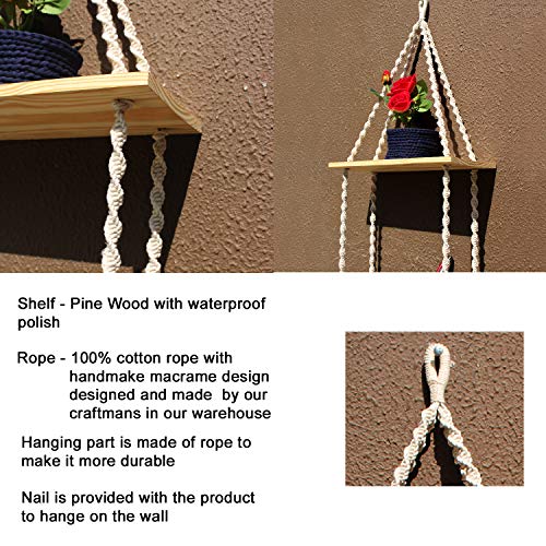 Image of VAH- Kya Bat Hai !! Macrame Wall Hanging, Real Pine Wood Storage Shelves Wall Shelf (2 Layer)