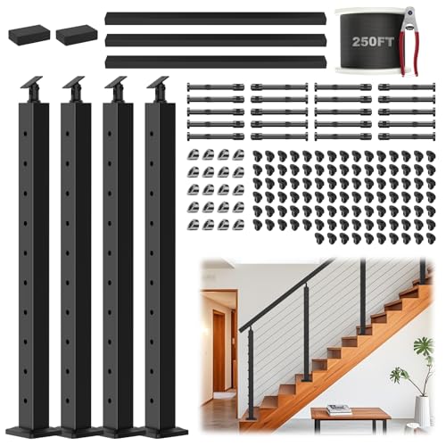 Image of 12FT-20FT Swageless Stair Cable Railing Post kit with Handrail,36 inch | Black Cable Railing System for Stair, Include 4 Pack 35 inch Stair Posts, 3 Pack 4.5FT Handrails w /Connectors, 250FT Wire Rope