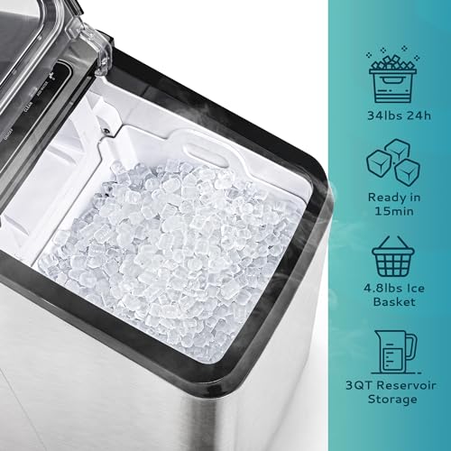 EUHOMY Nugget Ice Maker Countertop, Max 34lbs/Day, 2 Way Water Refill, Self-Cleaning Pebble Ice Maker Machine with 3Qt Reservoir, Ideal for Home, Office, Bar, and Party. (Silver)