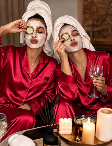 Image of SWOMOG Long Sleeve Pajamas Set Silk Satin Sleepwear Button Down Pjs Loungewear with Pocket
