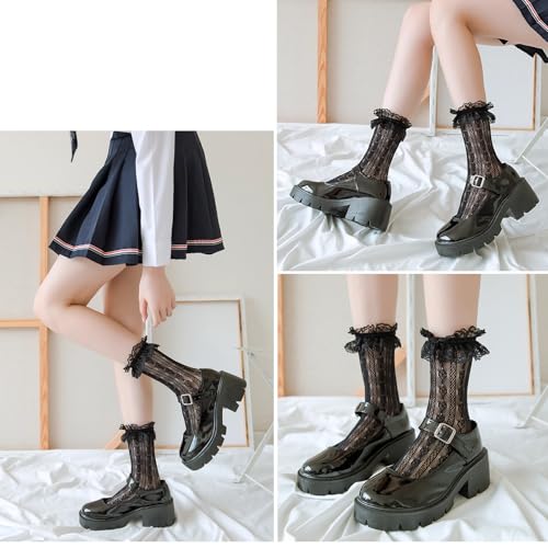 Image of Women Lace Ruffle Socks White Black Frilly Lolita Crew Dress Socks