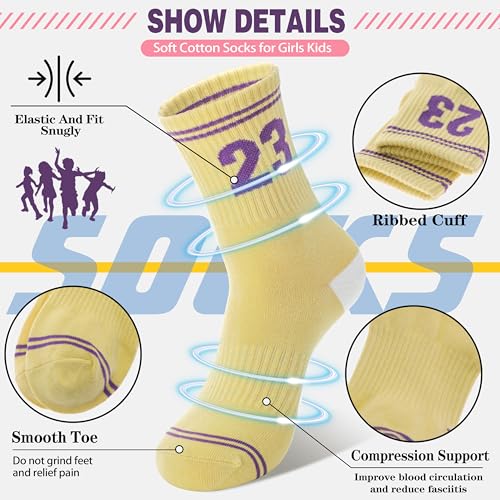 Sandsuced 6 Pairs Girls Kids Socks Athletic Basketball Sport Crew Youth Cotton Soft Breathable Socks for Outdoor2