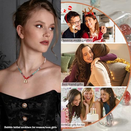 Beaded Initial Necklaces for Women Teen Girl Gifts Trendy Stuff Colorful Gemstone Choker Necklace with Bubble A-Z Stocking Stuffers for Teens Christmas Gifts for Her Birthday Summer Beach Jewelry for Daughter Sister Friend