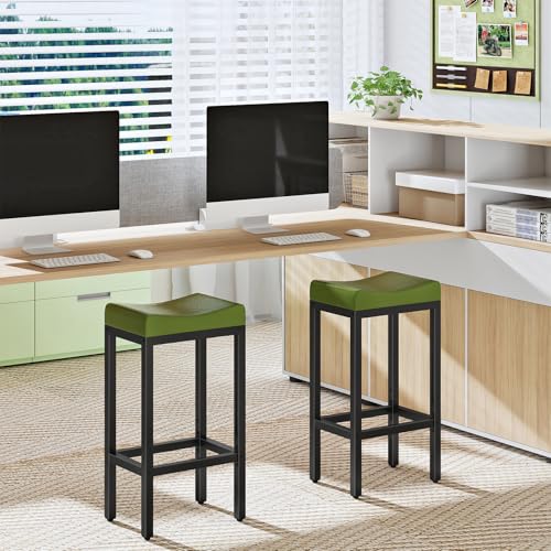 Image of HOOBRO Bar Stools, Set of 2 Bar Chairs, Counter Height Stools, Saddle Barstools with Curved Surface, 24.8 Inches, 2.4 inch Thick Upholstery, for Kitchen, Dining Room, Cafe Forest Green and Black JB10BY01