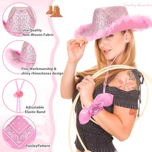 Image of Coume 12 Pcs Sparkly Adults Cowboy Hat and Bandanas Women Men Western Glitter Cowgirl Party Hats with Adjustable Drawstring