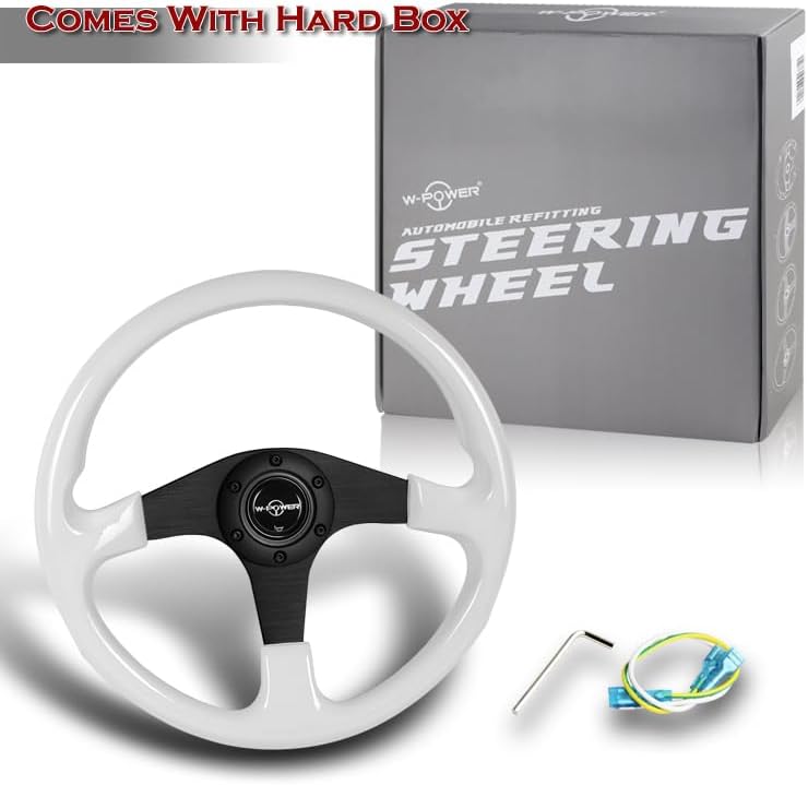 W-Power 8942 Series, Universal 14" (350mm) 3-Spoke Aluminum w/Wood Grain 6-hole Steering Wheel & Horn Button, Interior Accessories, Car Steering Wheel (White Wood Grain, Black Spoke)