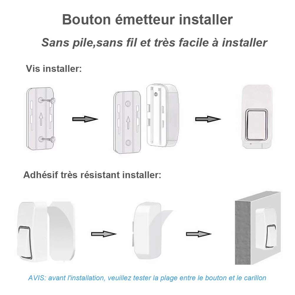 Sonnette sans fil, WGOAL sans pile requise, sans câblage, 1 émetteur enfichable 1 réceptacle, IPX7 Sonnette sans fil étanche avec lumières LED Effet clignotant, portée de 120 m, 25 sonneries, blanc