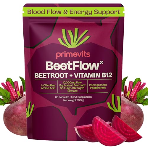 Primevits Beetroot Capsules with Vitamin B12 10 000mg Beetroot Extract 50:1 with L-Citrulline & Pomegranate Polyphenols | Nitric Oxide & Circulation Support | Energy & Endurance | 60 Vegan Capsules