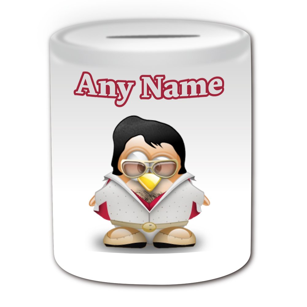 Personalised Gift - Elvis Presley Money Box (Penguin History Celebrity Costume Design White) - Any Name Message Unique Saving Piggy Bank Silly Novelty Singer Pop Dancer Music Video Rock Hollywood