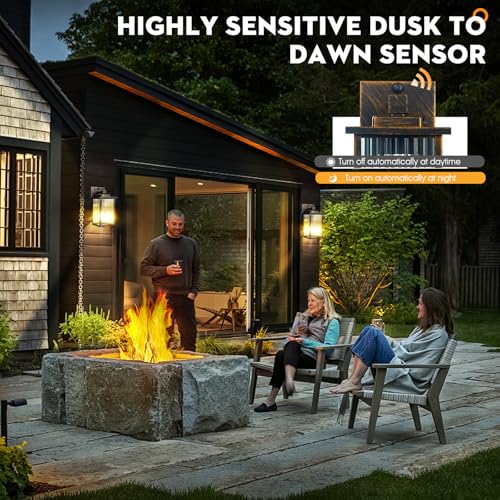 Image of 2 Pack Outdoor Wall Lights with Dusk to Dawn Sensor, Waterproof Exterior Lights for House Porch and Garage, Black Brush Gold Metal Wall Sconce with Textured Glass