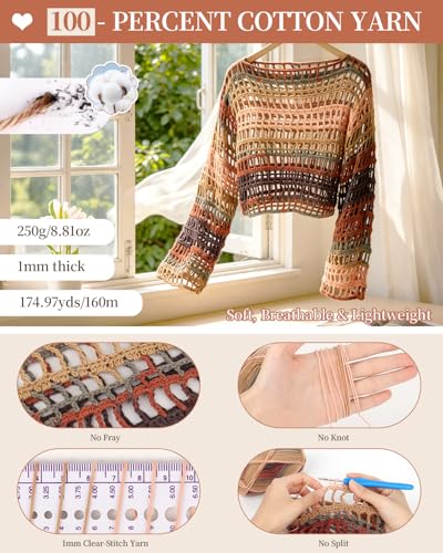Image of Aeelike Beginner Crochet Kit for Adults, Crochets Set w Ombre Cotton Yarn & Step-by-Step Video Tutorials, Boho Coverup Sweater Mesh Top for Women Ideal DIY Gift Crochet Kit for Beginners,Boho Brown