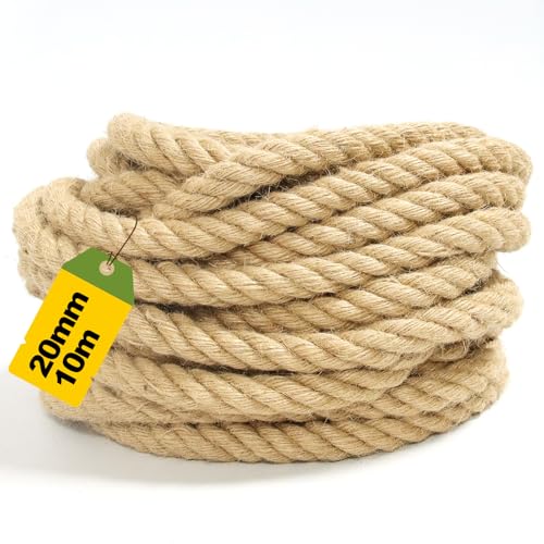 Grosse Corde Jute Naturelle 20mm x 10m – Corde Végétale Ultra Épaisse pour Décoration Rustique, Bricolage, Jardin & Maison | Ficelle Résistante Style...