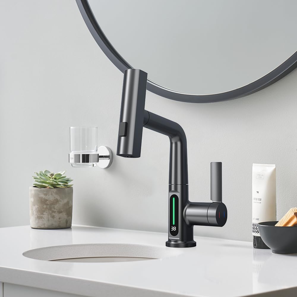 Robinets de cuisine avec rotation à 360 degrés extensible avec pulvérisateur extractible, robinet 3 voies avec régulateur de jet, noir