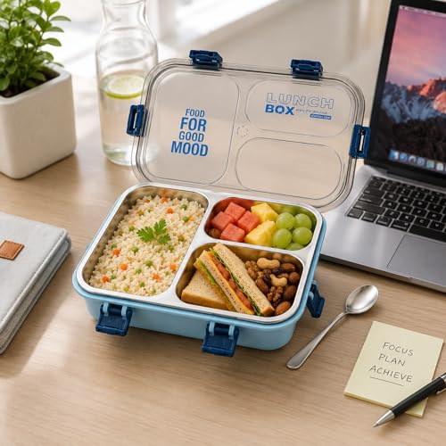 Image of Stainless Steel Lunch Box with 3 Compartments Leak Proof Airtight Lid BPA Free Food Storage Container Durable Portable Bento Tiffin for Kids Adults Office School Picnic (Blue)