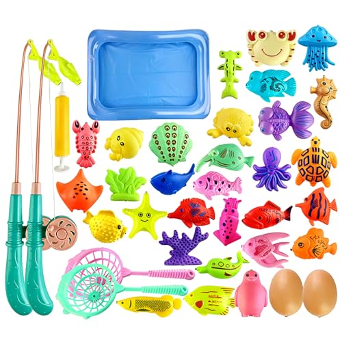 yolzhxe 38 Pièces Jouets de Pêche Magnétiques, Jouets de Bain Éducatif Jouet avec 2 Canne a Pêche et 2 Épuisettes, Peche a la Ligne Enfant Jeu de Pêche...
