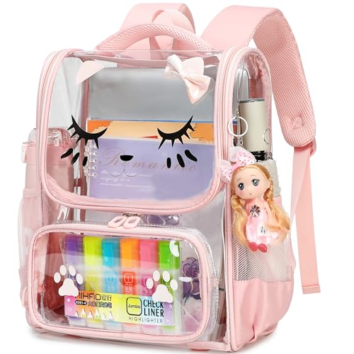 AO ALI VICTORY Clear Girls Backpacks Heavy Duty PVC Transparent Cute Backpack for Kids Toddler Girls Preschool Bookbags Elementary School Bag See Through Casual Travel Daypack, Pink