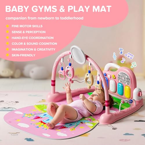 Baby Play Mat Kick and Play Piano Gym,Baby Floor Play Gym Tummy Time Mat,Baby Activity Mat with Music Lightsat and Sensory Toys Boy & Girl Gifts for Infant Newborn 0 to 3 6 9 12 Months (Pink)