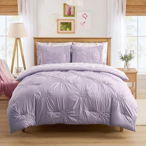Image of Floral Pintuck Comforter Set Full Size - Bed in a Bag with Sheets, Pillowcases & Shams - Soft Stylish Sports Bedding - All Season Boys Basketball Bed Set