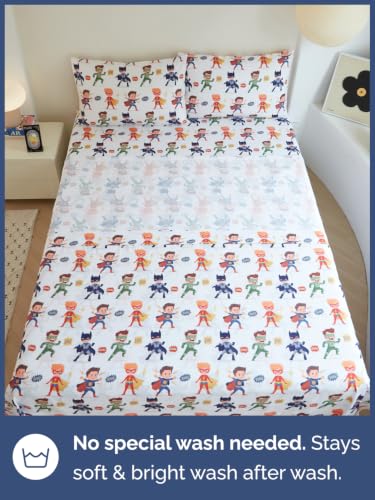 Image of Kids Full Size Superhero Bed Sheets - 4 Piece Kids Superhero Sheet Set - Comic Power Bedding - Ultra-Soft, Cute & Cozy - Breathable & Machine Washable - Brave Bed Set for Boys, Girls, Teens & Toddlers