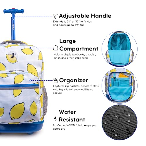 Image of J World Sunrise Kids Rolling Backpack with Wheels for Girls Boys, Roller Bookbag for School, 18 x 13 x 9 Inches, Lemona