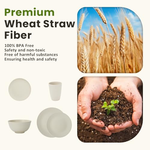 Image of Homienly 40 PCS Dinnerware Set Service for 8, Kitchen Wheat Straw Dinnerware Set Unbreakable - Plates Set, Bowls Set,Cups Set, Microwave and Dishwasher Safe Dish Set for Dinner, Outdoor(Beige)