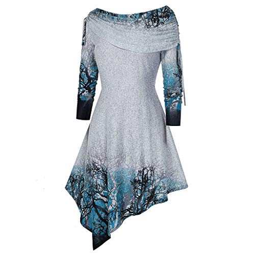 ASHOP Haut à Ourlet IrréGulier Imprimé Feuilles De Dame, Tops Femmes Gothique Criss Cross Manches Longues Femme Robe Pull EléGant Tricot Mode en Vrac Hiver Sweater Tunique (Bleu, L)