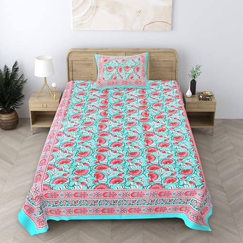 Image of elanorhomes 100% Cotton 240 TC Single Bed Sheet Set | Floral Printed Bedsheet with Pillow Cover | Soft Breathable Fabric for Bedroom | 60x90 Inches (Torquoise Pink Lotus)