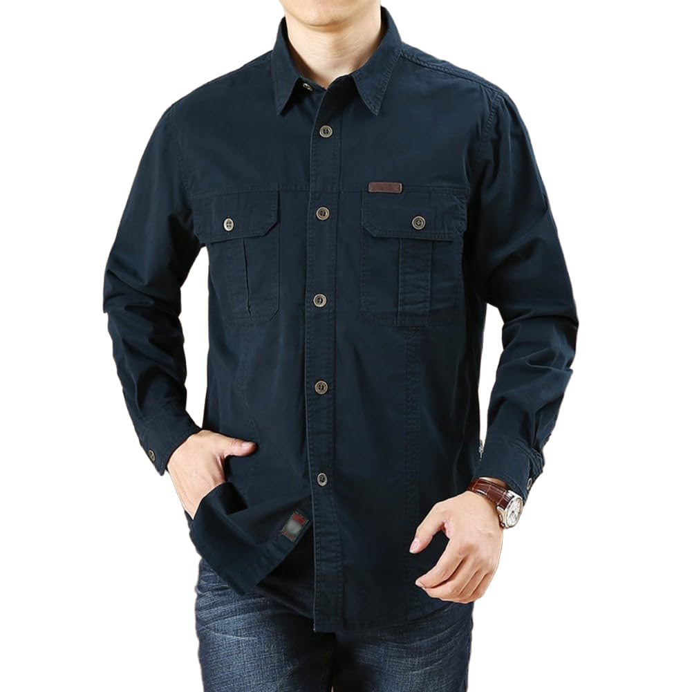 Camisas de Trabajo de Algodón para Hombre, Camisa de Militar de Manga Larga con Botones Ropa Cargo, 2 Bolsillos, Regular Fit para Pesca, Tala, Senderismo, Caza