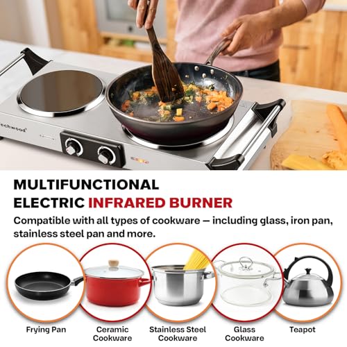 Techwood Electric Stove, Double Infrared Ceramic Hot Plate for Cooking, Two Control Cooktop Burner, Portable Anti-scald handles Suitable for Office/Home/Camp Use, 1800W Compatible for All Cookwares