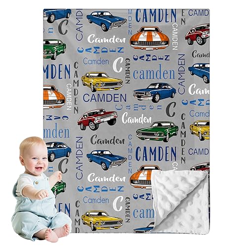 Personalized Baby Car Blankets with Name - Receiving Swaddle Blanket with Double Layer Dotted Backing Suitable for Baby Kids Teen Boys Girls Gift(30