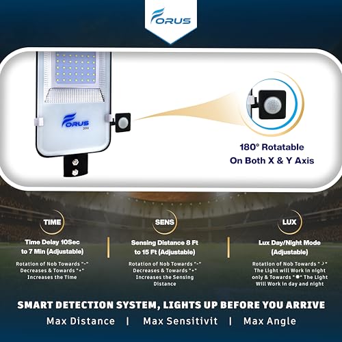 Image of Forus 20W LED Street Light with Motion Sensor - Auto On /Off, Day-Night, 15ft Detection Waterproof Outdoor 20 Watt Lamp for Road, Parking Lot, Industrial Area, Aluminium 4-Year Warranty Cool White -1PC