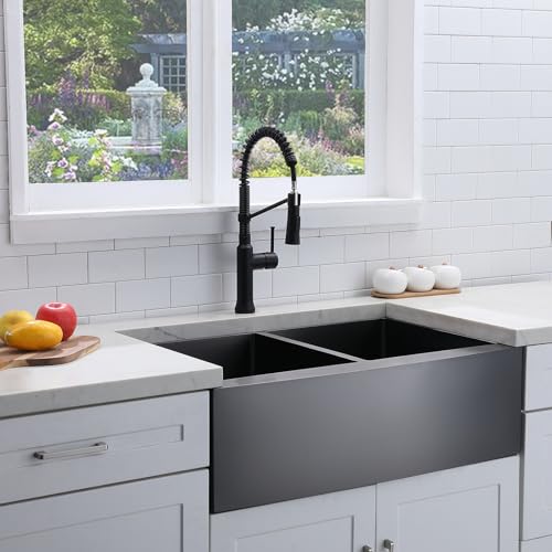 Image of SHACO 50 /50 Double Bowl Black Farmhouse Sink, 33 x 21 Inch Gunmetal Black Stainless Steel 16 Gauge Divided Double Basin Apron Front Farm Kitchen Sink