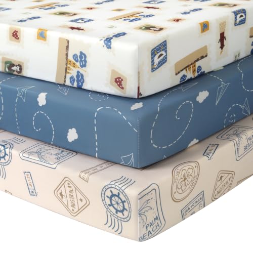 Image of Baby Mini Crib Sheets Boy, Portable 38 inchx26 inch Pack and Play Sheets Fitted for Playard and Pack N Play Mattress, 3-Pack Soft Microfiber Blue Brown Stamp