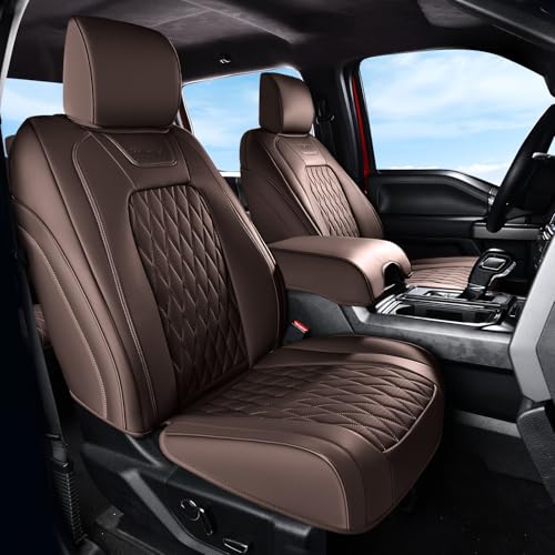 Image of Coverado Premium Leather Front Seat Covers Waterproof Heavy-Duty Protectors Custom Fit for Ford F150 (2015-2026) F250 /F350 /F450 (2017-2026)-Brown, Vintage Style, Scratch-Resistant