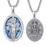 ADMETUS Blue Miraculous Medal 925 Sterling Silver Virgin Mary Necklace for Women Catholic Pendant Protection Jewelry Religious Gifts for Men