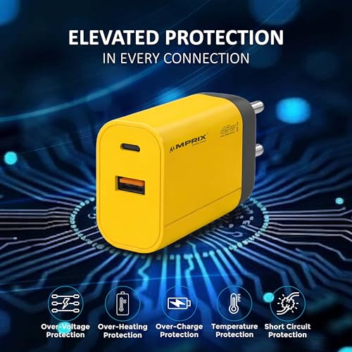 Image of Premium 45W GaN (USB & Type-C) Dual Port Super Fast Charger, Power Delivery 3.0 & USB-A Fast Charging Adaptor with Type-C to C Braided Cable for iPhone, Android & Other Type C Devices (Yellow)