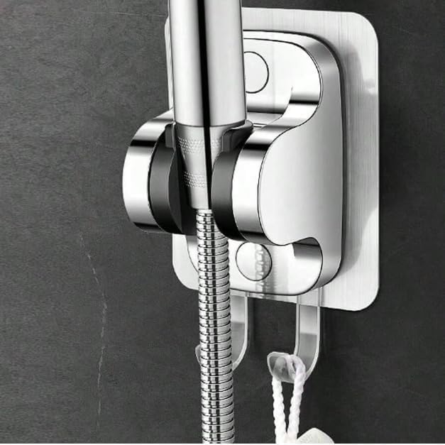 Strong Adhesive Adjustable Shower Head Holder Wall Mount Bracket Hand Shower Holder for Bathroom and Toilet Nail and Screw Free, no Drill Needed for Wall Mount Shower Bracket (Silver Shower Head) 1