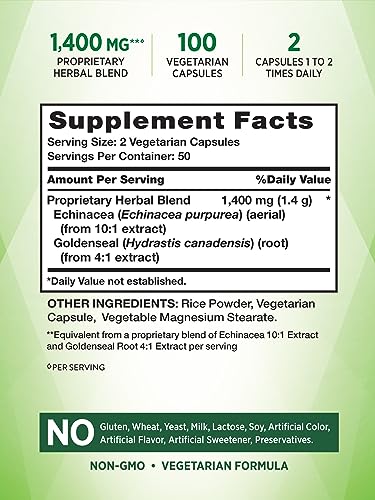 Nature'S Truth 840093105851 Echinacea Goldenseal Capsules | 1400Mg | 100 Count | Vegetarian, Non-Gmo & Gluten Free Supplement thumb #1