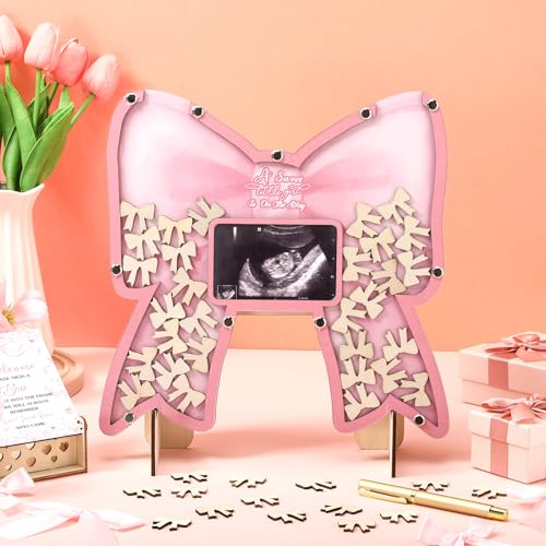 Image of Wenqik 63 Pcs Coquette Pink Bow Baby Shower Guest Book Alternatives Set Baby Shower Decorations with Photo Frame Sonogram Frame Keepsake 60 Wood Slices Guest Book for Birthday