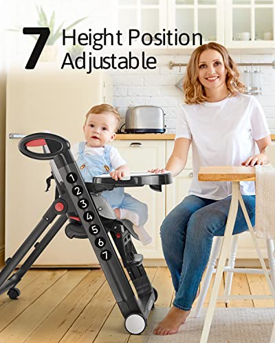 Heao 4-In-1 High Chair For Babies & Toddlers, Foldable Highchair With 7 Different Heights,5 Reclining Seat Position And 3-Setting Footrest, Detachable Trays & Seat Cushion, 4 Wheels With Locks #TOP4