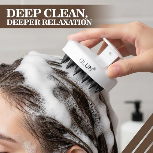 Image of GLUN Scalp Massager & Dye Comb Bottle Combo, White Anti-dandruff Soft Silicone Bristle & Purple 120ML Hair Dye Applicator Bottle with Hair Oil & Hair Colouring Bottle for Salon Use