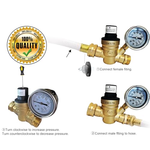 Image of RV Water Pressure Regulator Valve,Brass Lead-Free Adjustable Water Pressure Reducer with Gauge,Inlet Screen Filter,Water Regulator for RV Camper Travel Trailer