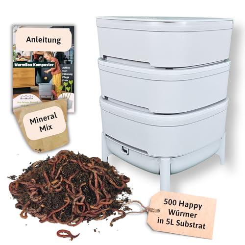 Wurmbox Komposter mit 3 Etagen | Wurmkomposter Starterset inkl. 500 Kompostwürmer