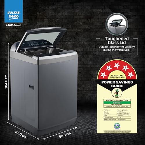 Image of Voltas Beko, A Tata Product 9 Kg 5 Star Fully-Automatic Top Loading Washing Machine with Anti-Bacterial wash Technology (WTL9006UEAH / OBS3060, Dark Grey, Inbuilt Heater)