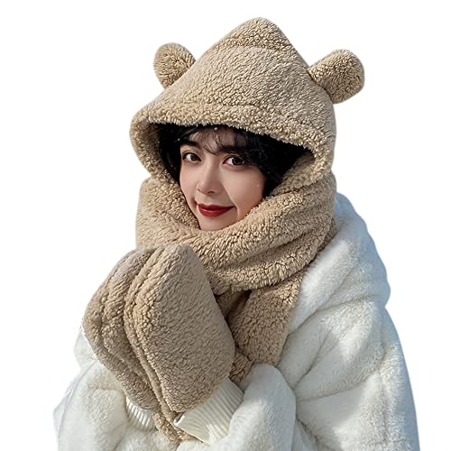 Women Girls 3-in-1 Bear Hooded Scarf Warm Plush Mitten Scarf Set Furry Animal Ear Hat Thick Long Scarf with Pocket Gloves