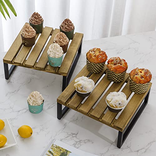 Mygift Set Of 2 Solid Burnt Wood Slat Dessert Cupcake Stand Riser Holder, Square Wooden Appetizer Food Display Platter Riser Buffet Server With Industrial Matte Black Metal Legs #TOP2
